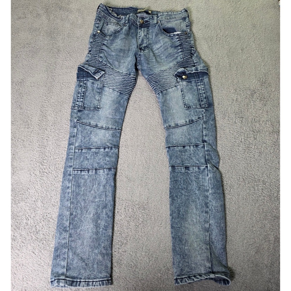 Denim & Rivets Boys 16 Cargo Pants Blue Acid Wash Moto Ribbed Biker Jeans DR9215